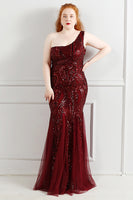 Load image into Gallery viewer, Sequins Tulle Black Sparkly One Shoulder Plus Size Prom Dress