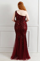 Load image into Gallery viewer, Sequins Tulle Black Sparkly One Shoulder Plus Size Prom Dress
