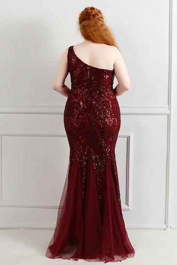 Sequins Tulle Black Sparkly One Shoulder Plus Size Prom Dress