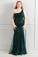 Load image into Gallery viewer, Sequins Tulle Black Sparkly One Shoulder Plus Size Prom Dress