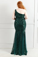 Load image into Gallery viewer, Sequins Tulle Black Sparkly One Shoulder Plus Size Prom Dress