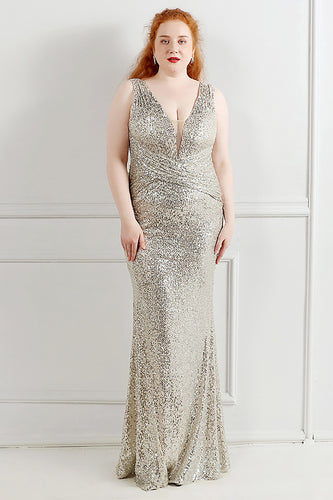 Silver Sequins V-Neck Prom Dress