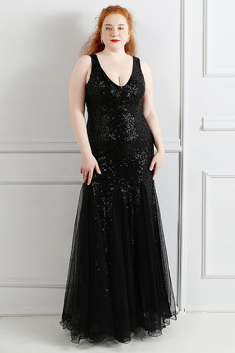 Black V-Neck Sequins Tulle Plus Size Prom Dress