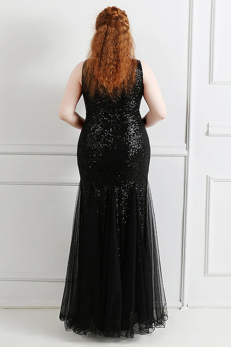 Load image into Gallery viewer, Black V-Neck Sequins Tulle Plus Size Prom Dress
