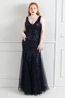 Load image into Gallery viewer, Black V-Neck Sequins Tulle Plus Size Prom Dress