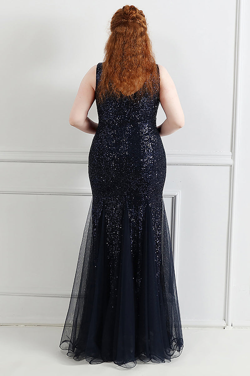 Load image into Gallery viewer, Black V-Neck Sequins Tulle Plus Size Prom Dress