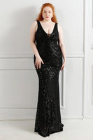 Load image into Gallery viewer, Sheath Black V-Neck Plus Size Formal Dress
