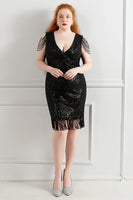 Load image into Gallery viewer, Black V-Neck Plus Size Prom Dress With Tassel