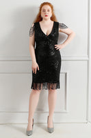 Load image into Gallery viewer, Black V-Neck Plus Size Prom Dress With Tassel