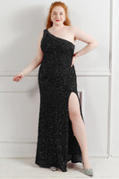 Load image into Gallery viewer, Sequin One Shoulder Black Plus Size Prom Dress With Split Front