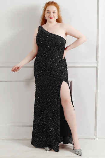 Sequin One Shoulder Black Plus Size Prom Dress With Split Front