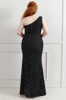 Sequin One Shoulder Black Plus Size Prom Dress With Split Front