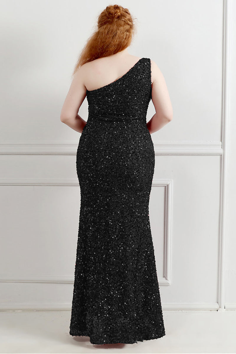 Load image into Gallery viewer, Sequin One Shoulder Black Plus Size Prom Dress With Split Front