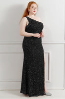 Load image into Gallery viewer, Sequin One Shoulder Black Plus Size Prom Dress With Split Front