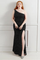 Load image into Gallery viewer, Sequin One Shoulder Black Plus Size Prom Dress With Split Front