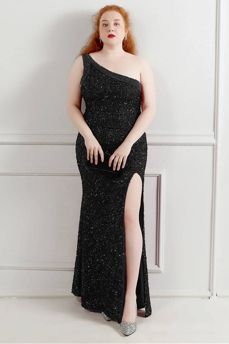 Load image into Gallery viewer, Sequin One Shoulder Black Plus Size Prom Dress With Split Front