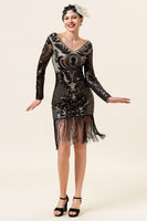 Load image into Gallery viewer, Black Fringe Long Sleeves 1920s Dress With 20s Accessories Set