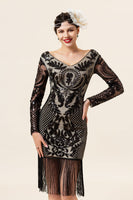 Load image into Gallery viewer, Black Fringe Long Sleeves 1920s Dress With 20s Accessories Set