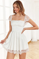 Load image into Gallery viewer, A Line Square Neck White Graduation Dress with Lace