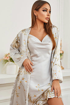 Light Grey Cherry Printed Bridal Robes and Slip Robes