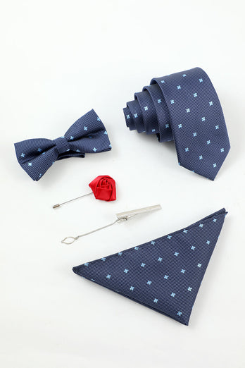 Navy Men's 5-Piece Accessory Set Tie and Bow Tie Pocket Square Flower Lapel Pin Tie Clip