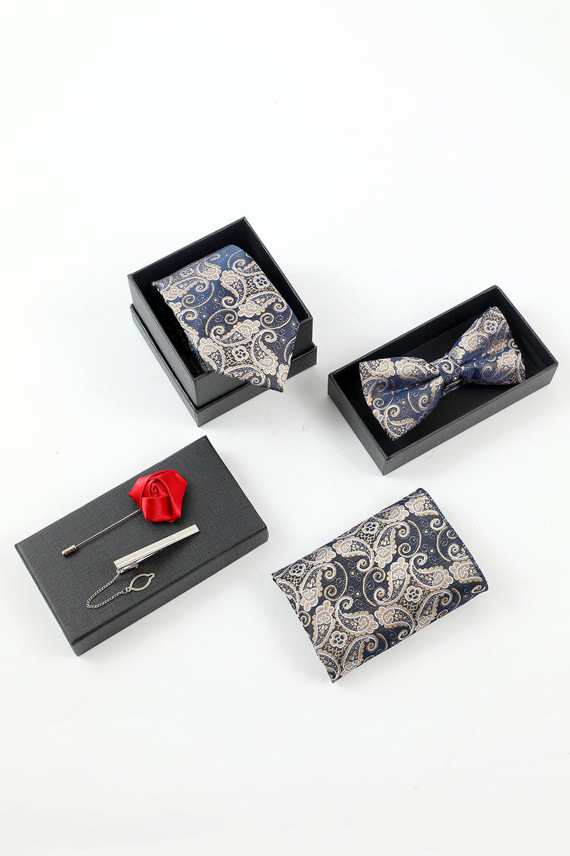 Load image into Gallery viewer, Navy Men&#39;s Jacquard 5-Piece Accessory Set Tie and Bow Tie Pocket Square Flower Lapel Pin Tie Clip