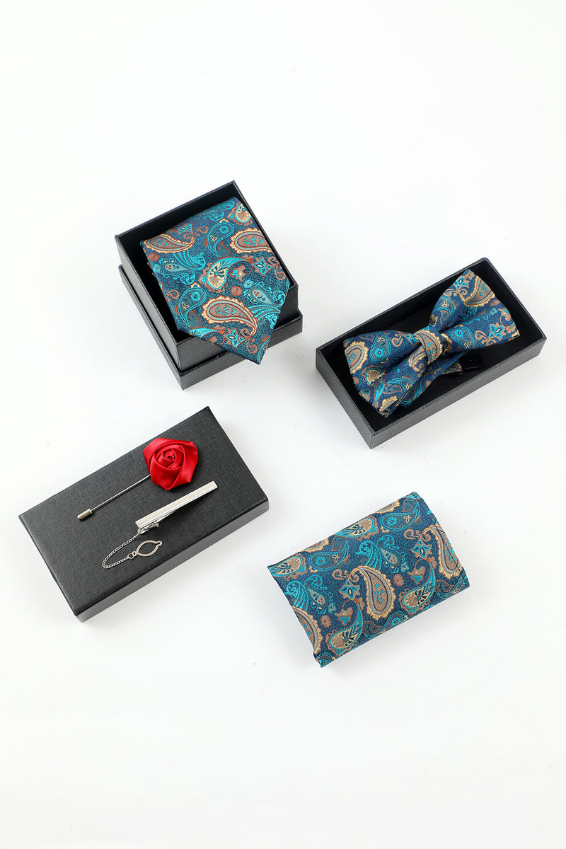 Load image into Gallery viewer, Lake Blue Jacquard Men&#39;s 5-Piece Accessory Set Tie and Bow Tie Pocket Square Flower Lapel Pin Tie Clip