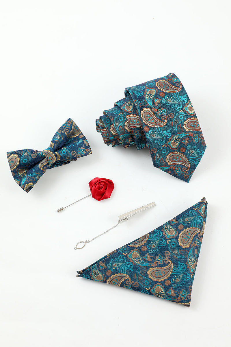 Load image into Gallery viewer, Lake Blue Jacquard Men&#39;s 5-Piece Accessory Set Tie and Bow Tie Pocket Square Flower Lapel Pin Tie Clip