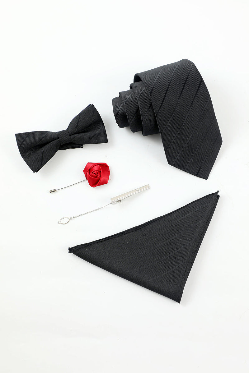 Load image into Gallery viewer, Black Stripe Men&#39;s 5-Piece Accessory Set Tie and Bow Tie Pocket Square Flower Lapel Pin Tie Clip