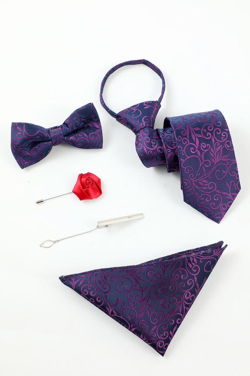 Load image into Gallery viewer, Purple Jacquard Men&#39;s 5-Piece Accessory Set Tie and Bow Tie Pocket Square Flower Lapel Pin Tie Clip