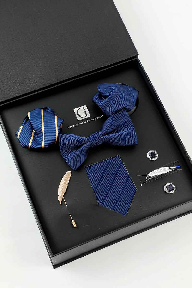 Load image into Gallery viewer, Royal Blue Men&#39;s Accessory Set Stripe Tie and Bow Tie Two Pocket Square Lapel Pin Tie Clip Cufflinks