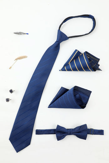 Royal Blue Men's Accessory Set Stripe Tie and Bow Tie Two Pocket Square Lapel Pin Tie Clip Cufflinks