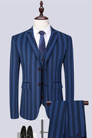 Load image into Gallery viewer, Grey Blue Stripe 3 Piece 2 Button Notch Lapel Men Suits