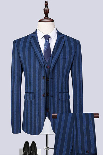 Grey Blue Stripe 3-Piece 2 Button Notch Lapel Men Suit