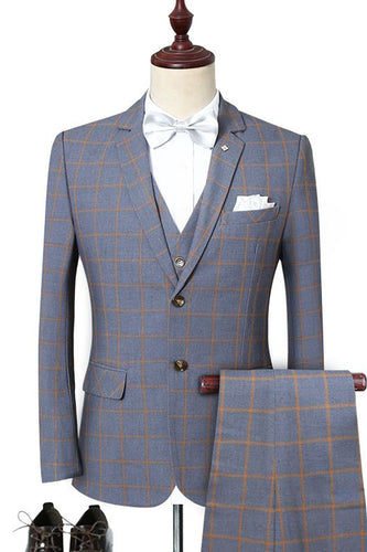 Grey Plaid 3-Piece Notch Lapel 2 Buttons Men Suit