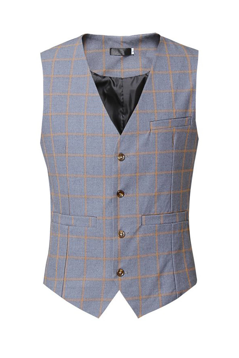 Load image into Gallery viewer, Grey Plaid 3 Piece Notch Lapel 2 Buttons Men Suits