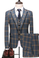 Load image into Gallery viewer, Grey Blue Plaid Notch Lapel One Button 3 Piece Men Suits