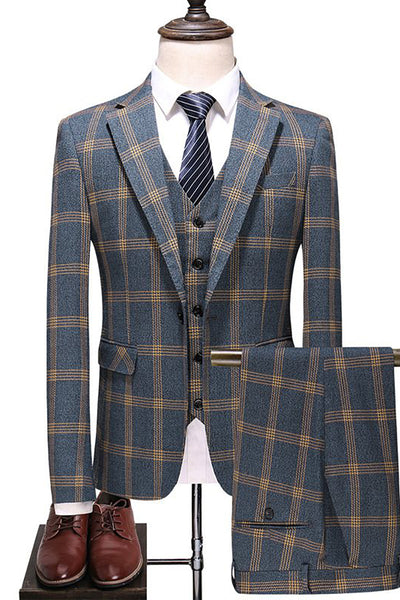 Grey Blue Plaid Notch Lapel One Button 3-Piece Men Suit