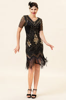 Load image into Gallery viewer, V Neck Black Fringe 1920s Dress With 20s Accessories Set