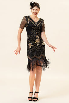 V Neck Black Fringe 1920s Dress With 20s Accessories Set