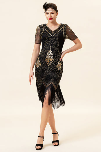 V Neck Black 1920s Flapper Dress