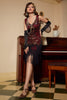 Load image into Gallery viewer, V Neck Burgundy Sequins 1920s Fringe Dress