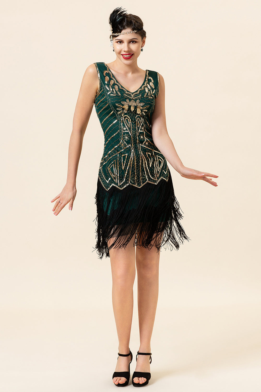 V Neck Green Sequins 1920s Great Gatsby Dress with Tassel