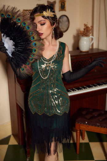 V Neck Burgundy Sequins 1920s Fringe Dress