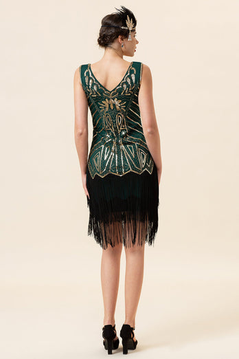 Green Sequins 1920s Great Gatsby Dress With 20s Accessories Set