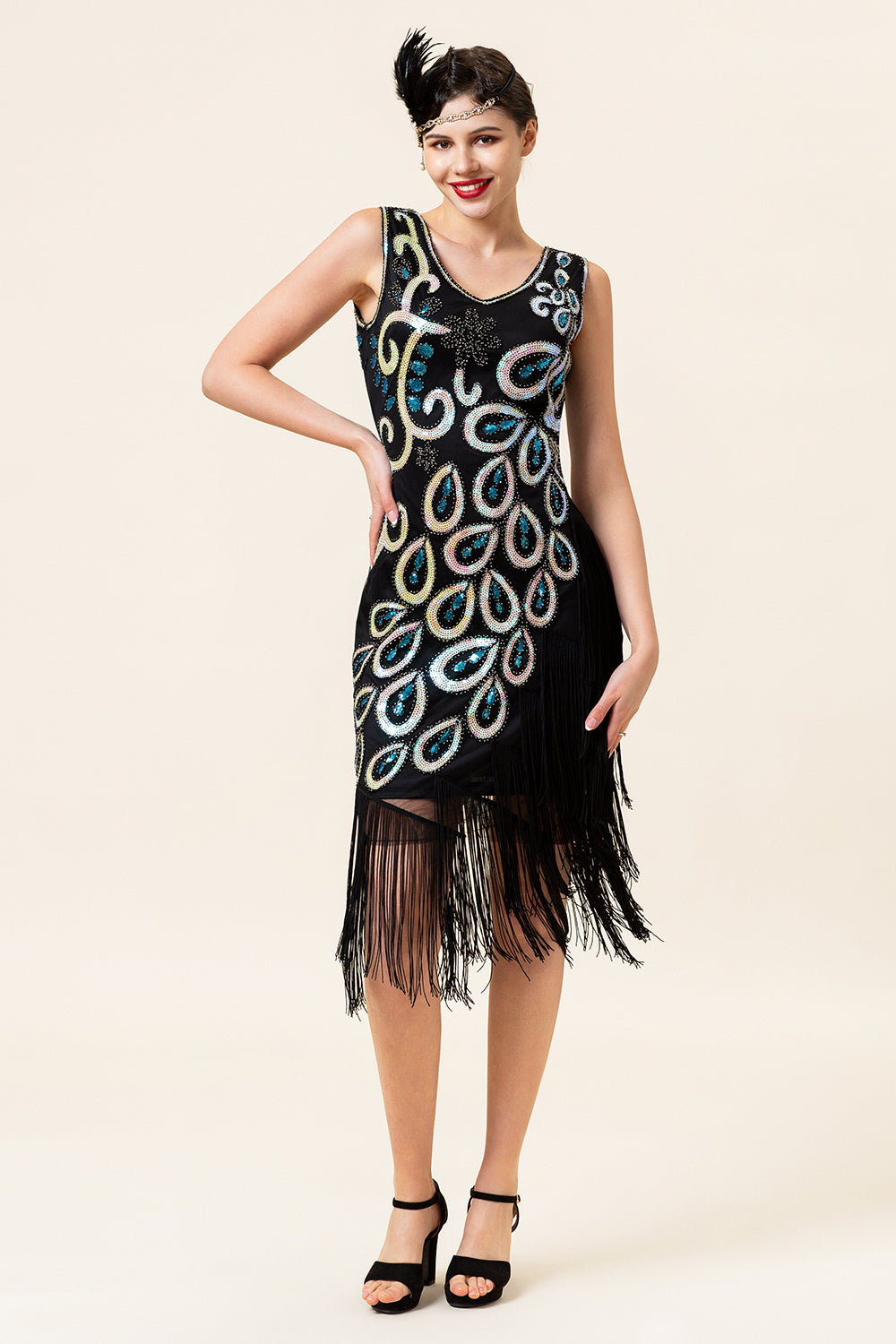Black Blue Irregular Tassel Hem Peacock V Neck 1920s Dress