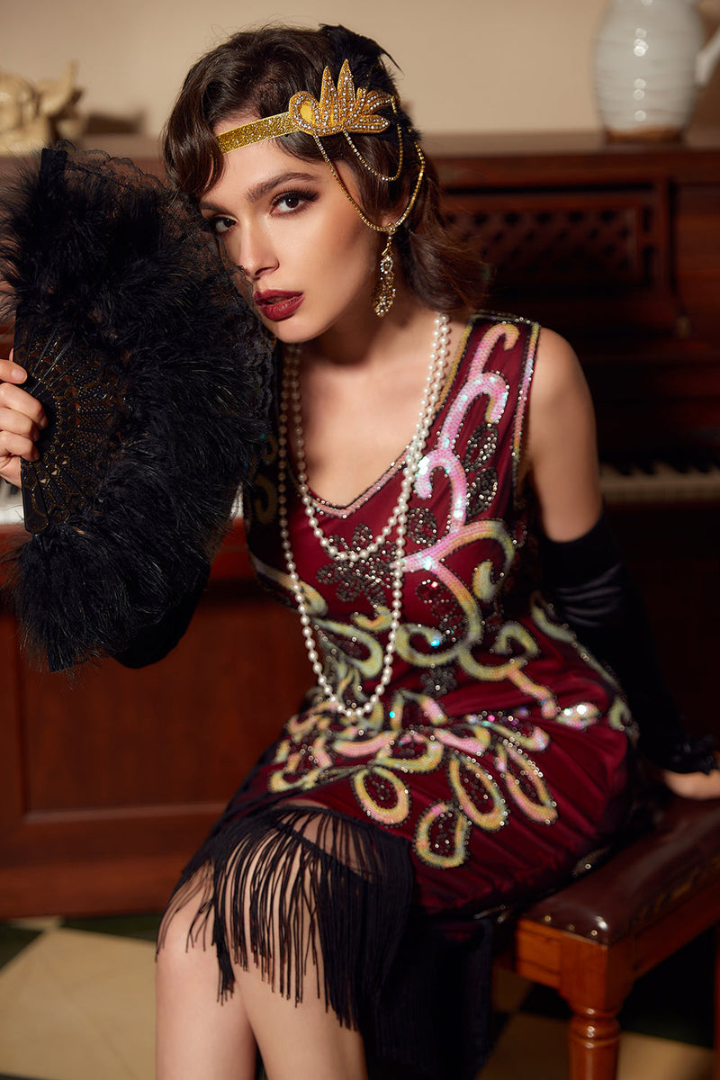 Load image into Gallery viewer, Burgundy Asymmetrical V Neck 1920s Dress with Tassel