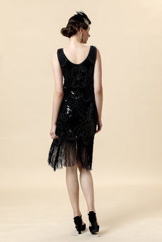 Black V-Neck Sequins 1920s Midi Fringe Dress
