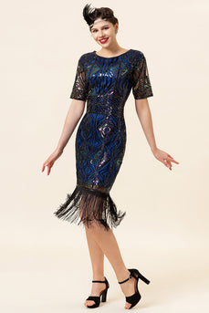 Blue Sequins Fringe Gatsby 1920s Dress With 20s Accessories Set