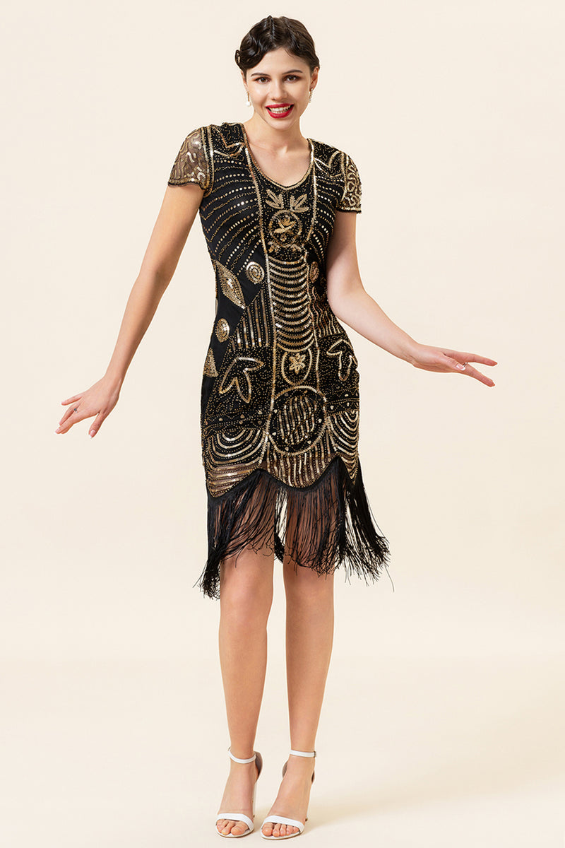 Load image into Gallery viewer, Black Golden Sequins 1920 Fringe Dress